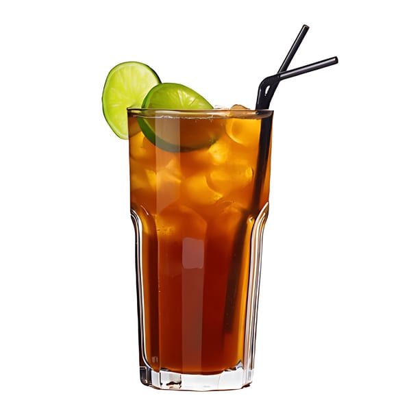 Iced tea with lime slices and two black straws in a tall glass.