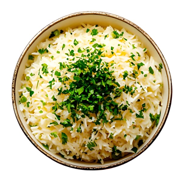A bowl of fluffy white Afghan rice, generously topped with fresh green chopped parsley.