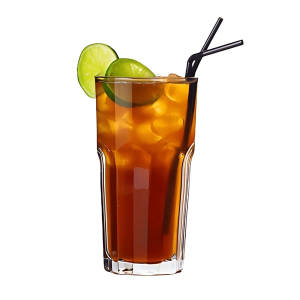 Iced tea with lime slices and two black straws in a tall glass.