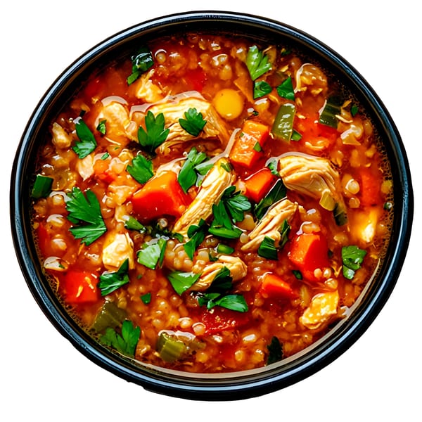 Overhead view of a bowl of Afghan chicken and vegetable soup with lentils and parsley.