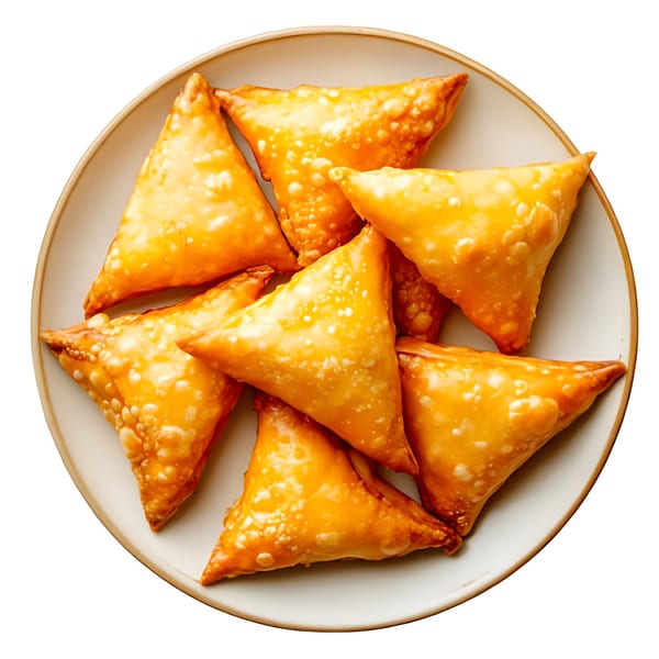 A plate of golden-brown, triangular Afghan samosas, crispy and glistening, ready to be served.