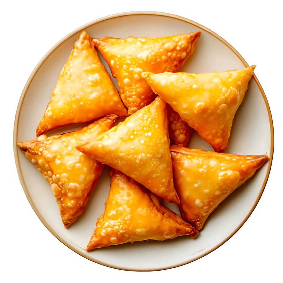 A plate of golden-brown, triangular Afghan samosas, crispy and glistening, ready to be served.