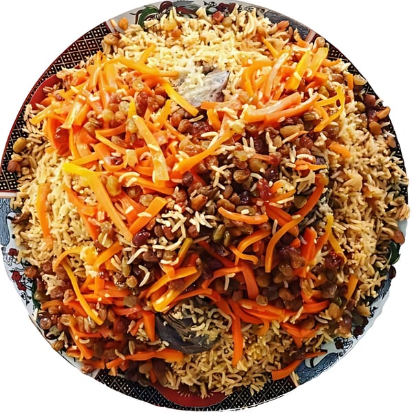 A close-up of Afghan Kabuli Palaw, a rice dish with carrots, raisins, and nuts.