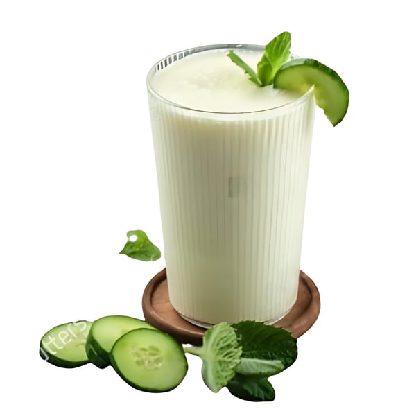 A glass of Afghan Doogh, a yogurt drink, garnished with cucumber and mint leaves.
