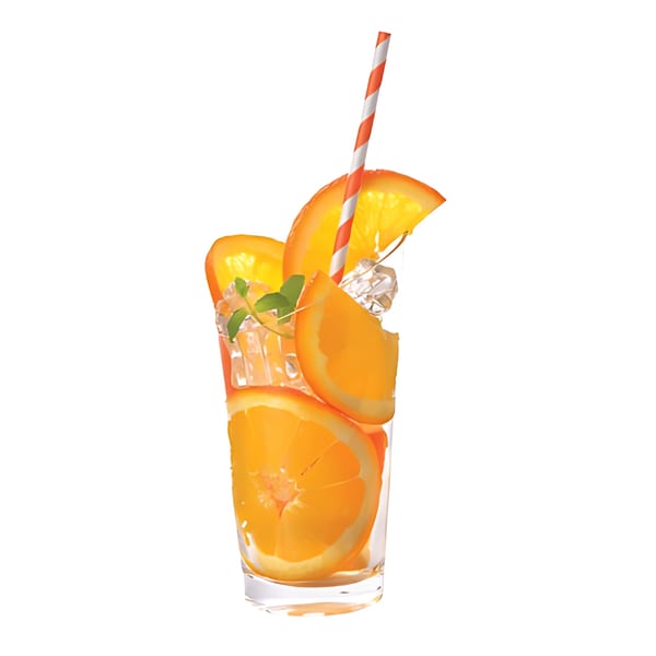 A refreshing glass of orange juice with ice, orange slices, mint, and a striped straw.