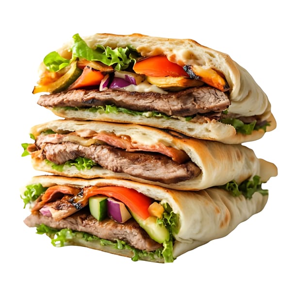 Three stacked Afghan sandwiches with grilled meat, lettuce, tomatoes, cucumbers, and onions in flatbread.