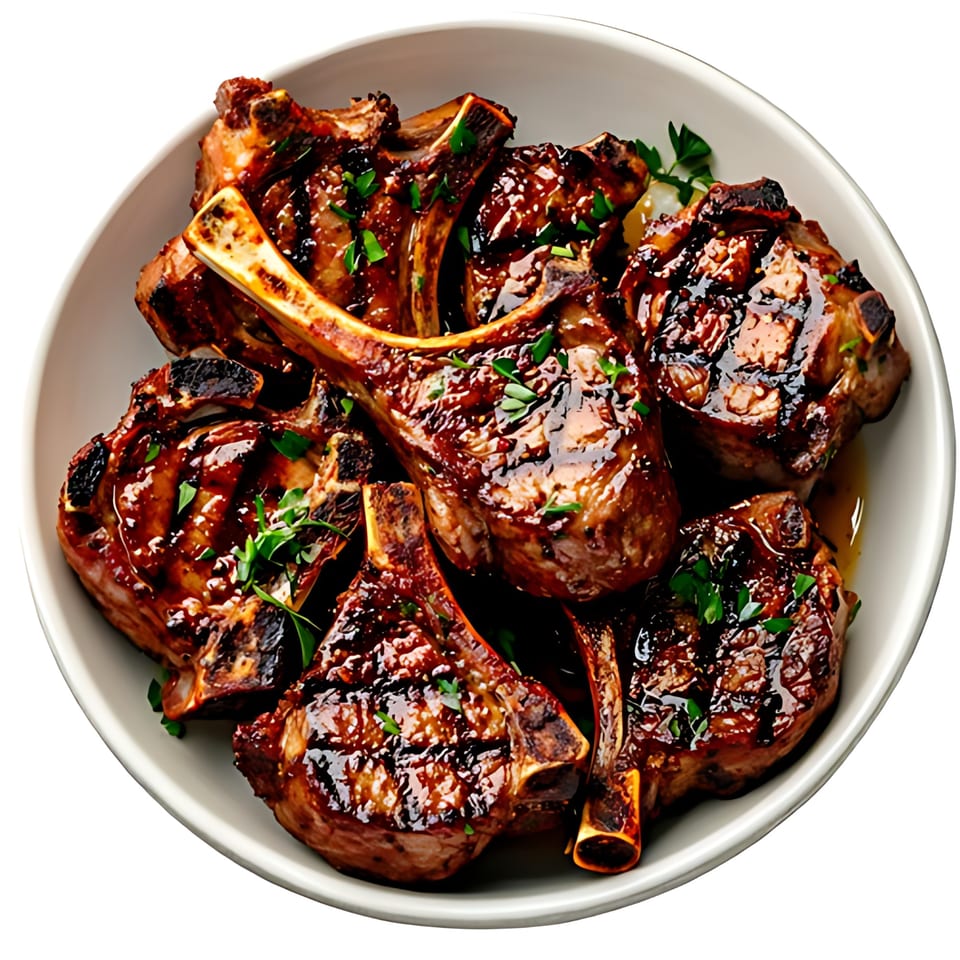 A white bowl filled with glistening, dark brown lamb chops garnished with fresh green herbs.