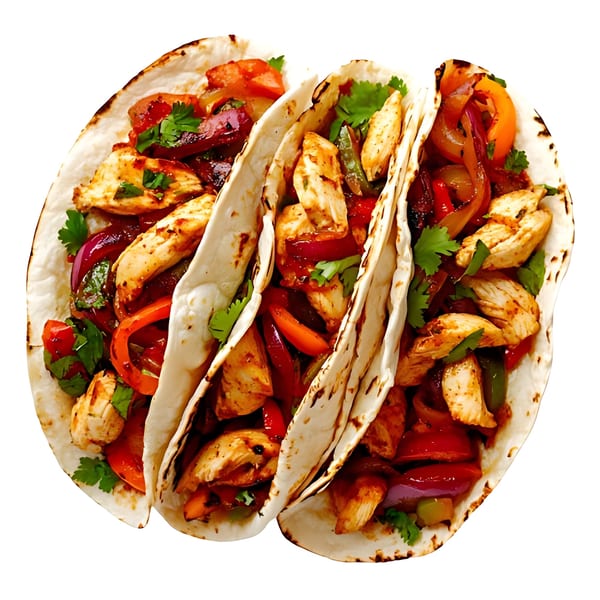 Three chicken tacos filled with colorful peppers, onions, and fresh cilantro.