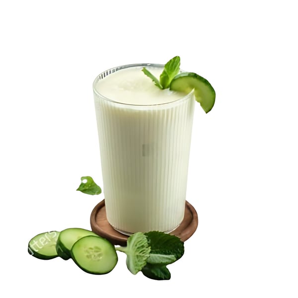 Afghan Doogh, a yogurt drink, garnished with cucumber and mint on a wooden coaster.