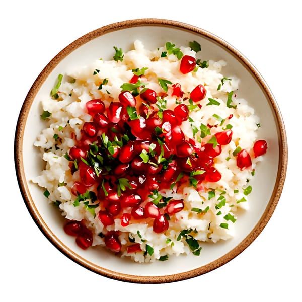 Afghan rice dish with bright red pomegranate seeds and fresh green herbs in a bowl.